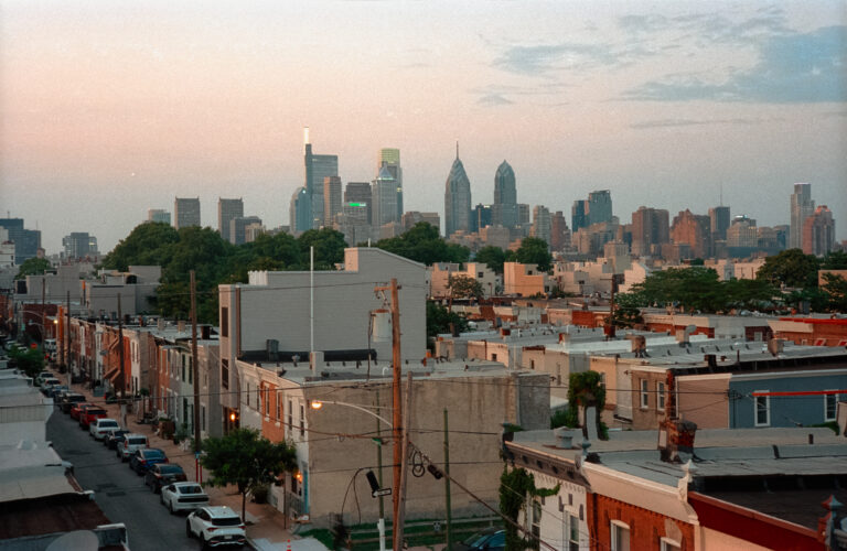 Philly skyline in sunset lights